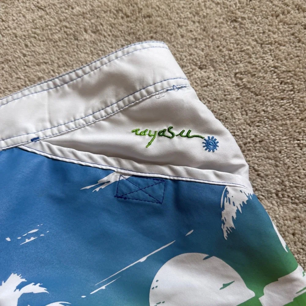 Y2K Raya Sun Women Blue Green Tropical Palm Tree Board Shorts Size S
